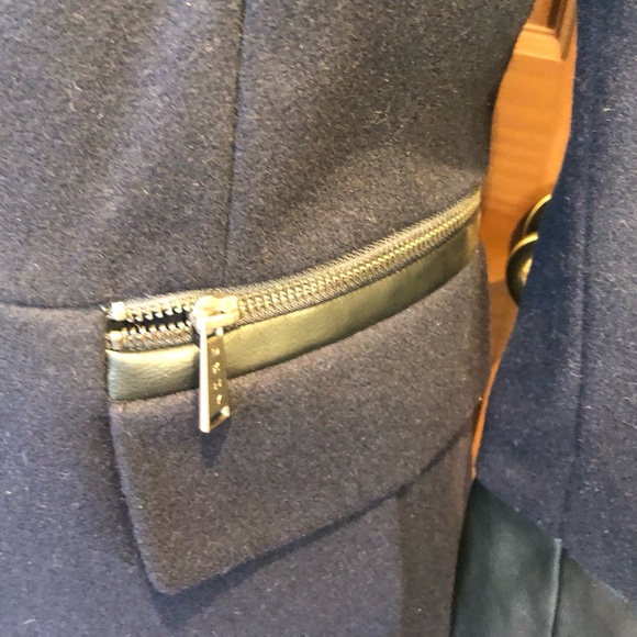 NWT DKNY s8 navy wool blend car coat Blk faux leather accents on sleeves/pockets - Picture 3 of 10